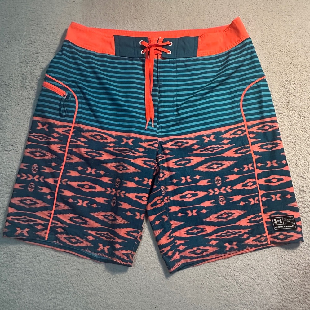 Under Armour Loose Fit‎ Board Shorts Men 36 Teal Orange  HeatGear Swim Trunks